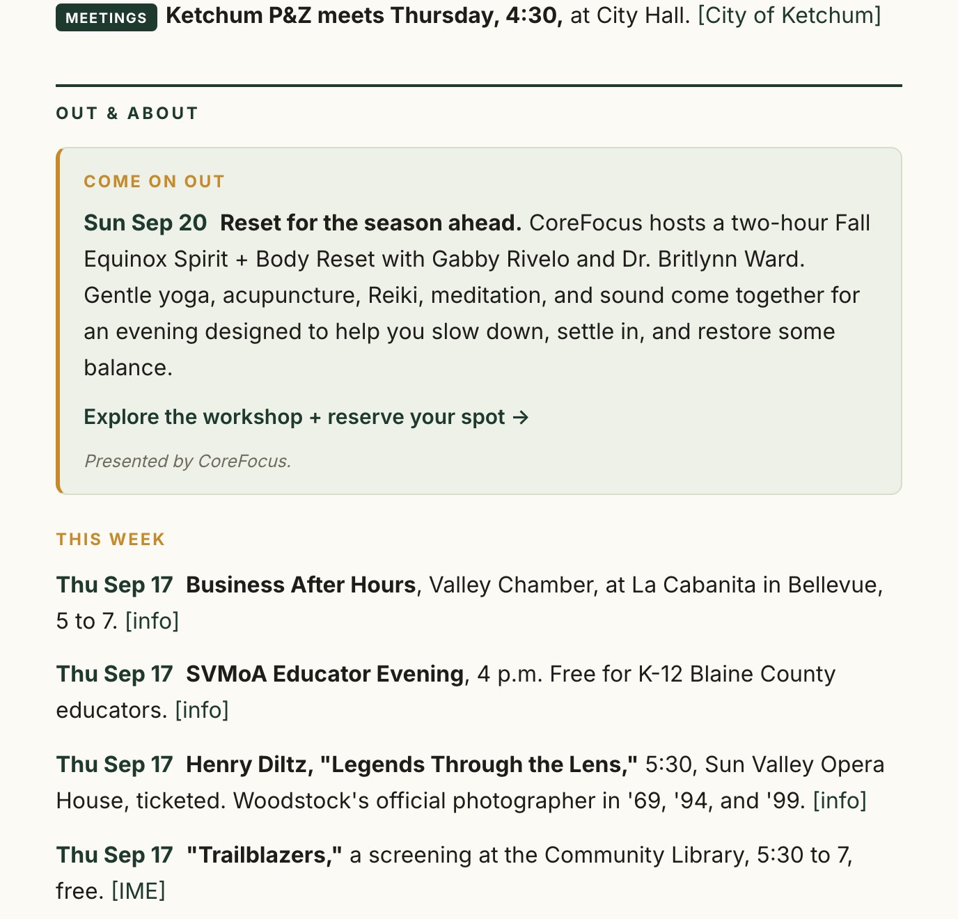 The Out & About section of the Sept. 17, 2026 Bigwood Brief, with a pinned event presented by CoreFocus above the week's events