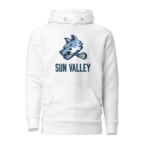 White Sun Valley Lacrosse hoodie with the wolf logo