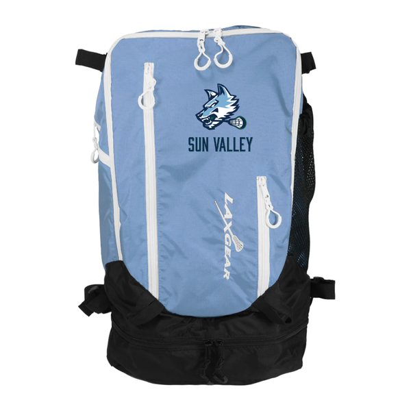 Light blue LaxGear lacrosse backpack with the Sun Valley wolf logo