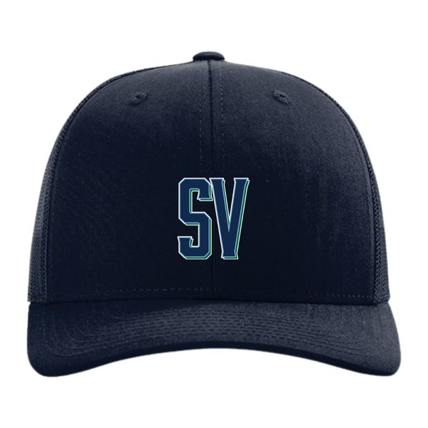 Navy Sun Valley Lacrosse trucker cap with an SV monogram