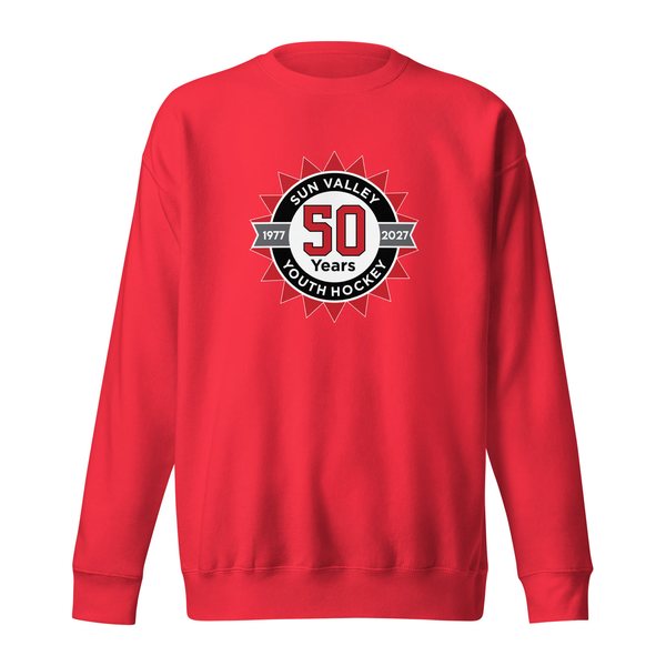 Red Sun Valley Youth Hockey crewneck with the 50 Years anniversary crest