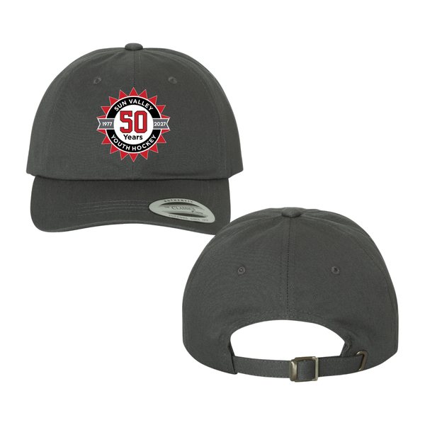 Charcoal dad hat with the Sun Valley Youth Hockey 50 Years crest